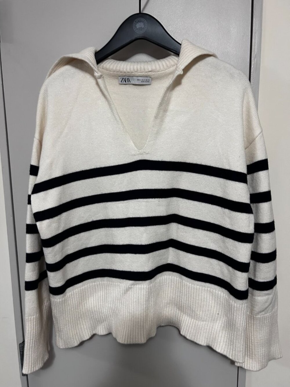 Zara White Navy Striped Knit Sweater Fold Over Hood Women's S